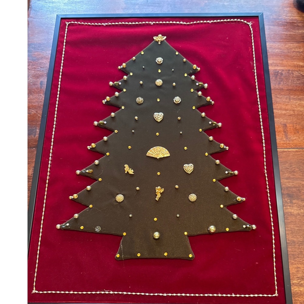 Vintage Framed Costume Jewelry Christmas Tree Art Red Velvet Holiday Wall Decor